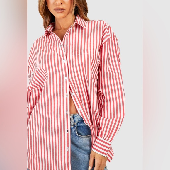 Oversized Pocket Detail Red and White Striped Long sleeve Shirt - Picture 4 of 5